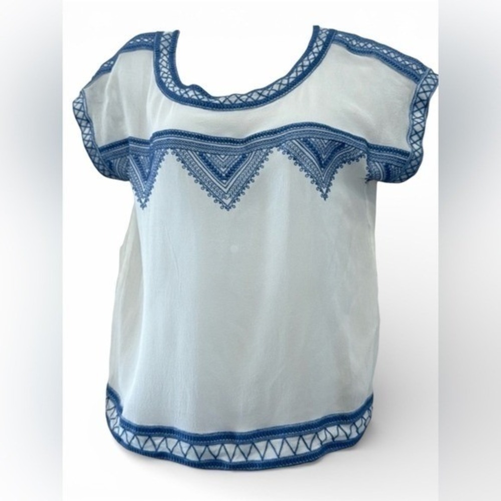 Sundance White 100% Silk Blue Embroidered Boho Cap Sleeve Blouse Top Small